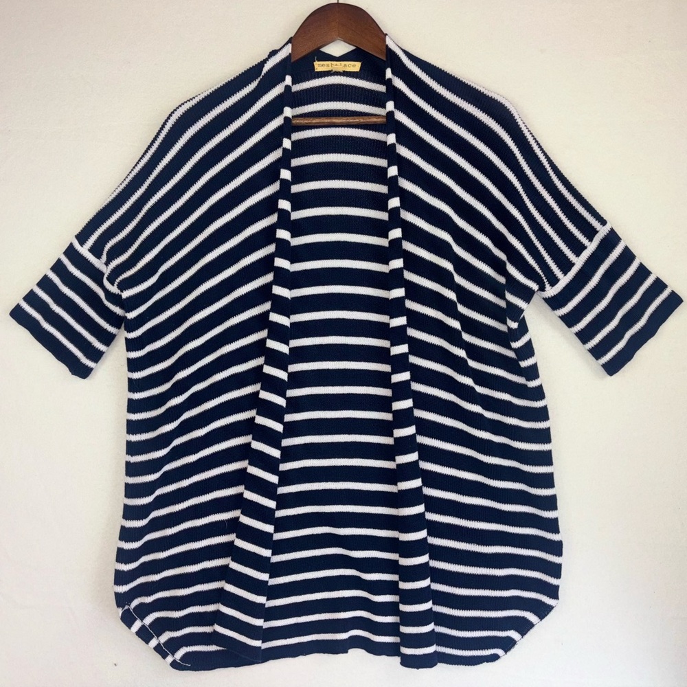 MESH‎ + LACE Linen Cotton Knit Cardigan Navy Blue White Striped Open Front Large